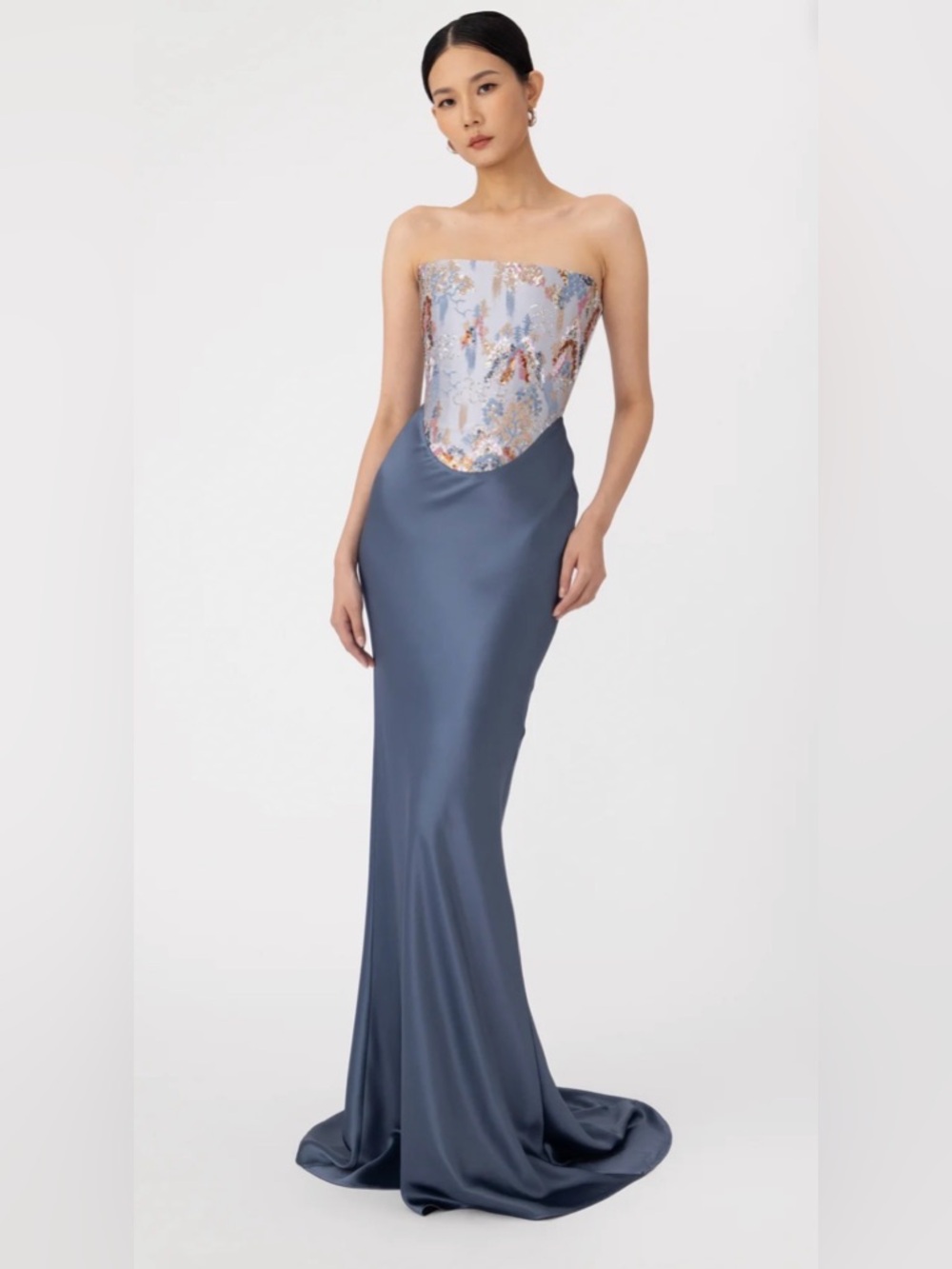 Sau Lee Strapless Blue Satin Isha Gown with Metallic Corset Bodice